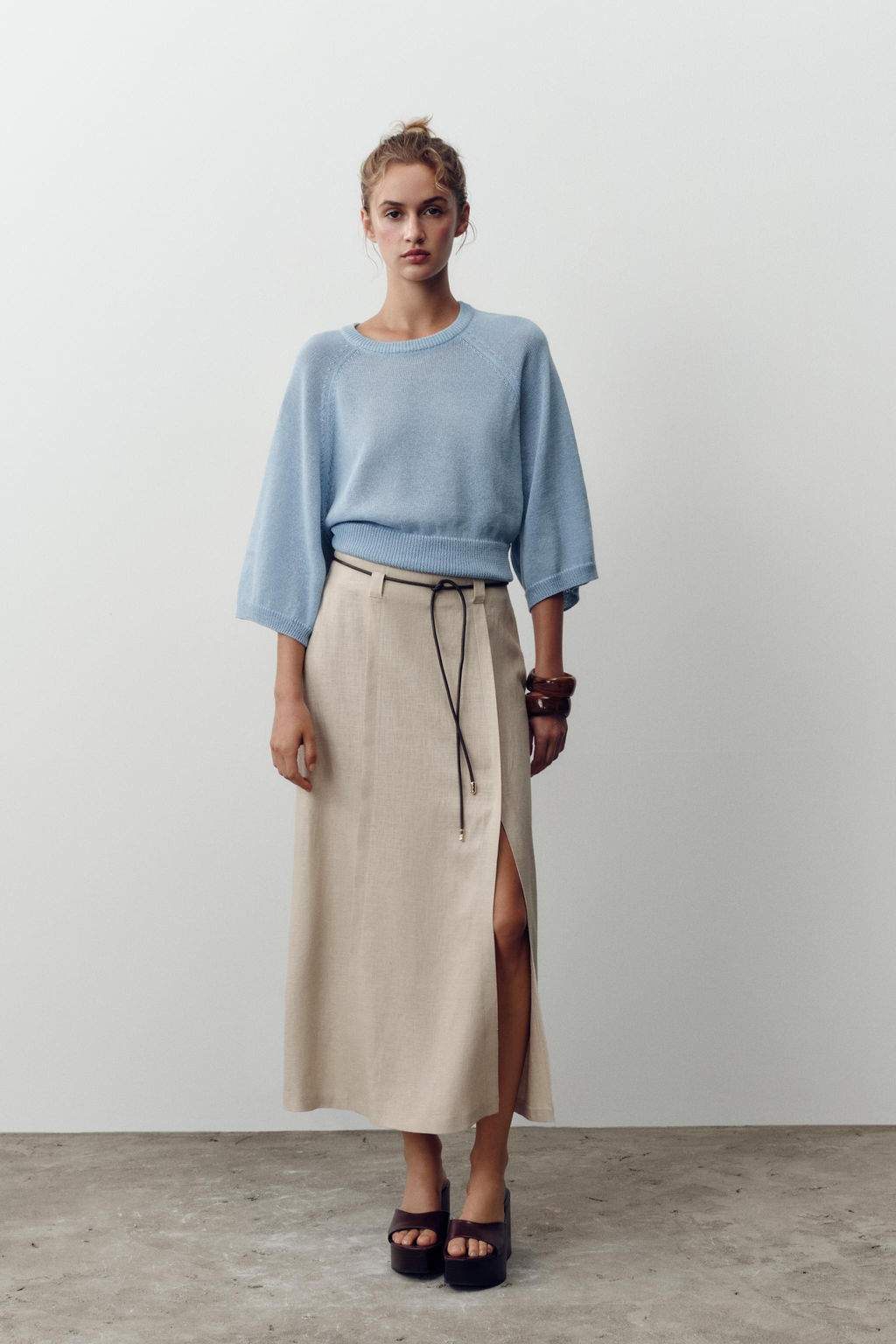 LINEN BLEND MIDI SKIRT WITH BELT - Zara фото 7