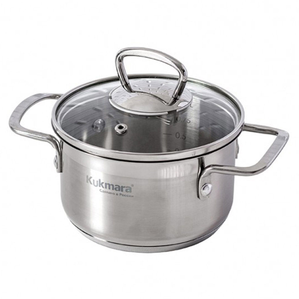 Кастрюля из нержавеющей стали Orion 1л, д14см, h14,5см, s0,05см, дно д12см s0,8мм, стеклянная крышка с пароотводом, мерная шкала (Россия) Подходит для всех видов плит, включая индукционную.