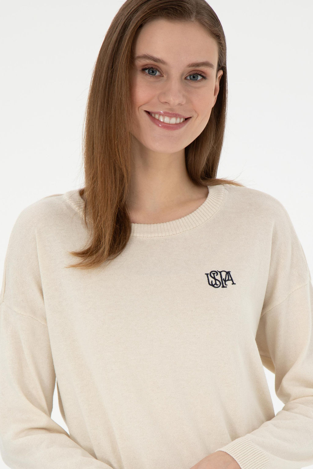 Женский кремовый меланжевый свитер с круглым вырезом Неожиданная скидка в корзине - U.s. polo assn фото 3