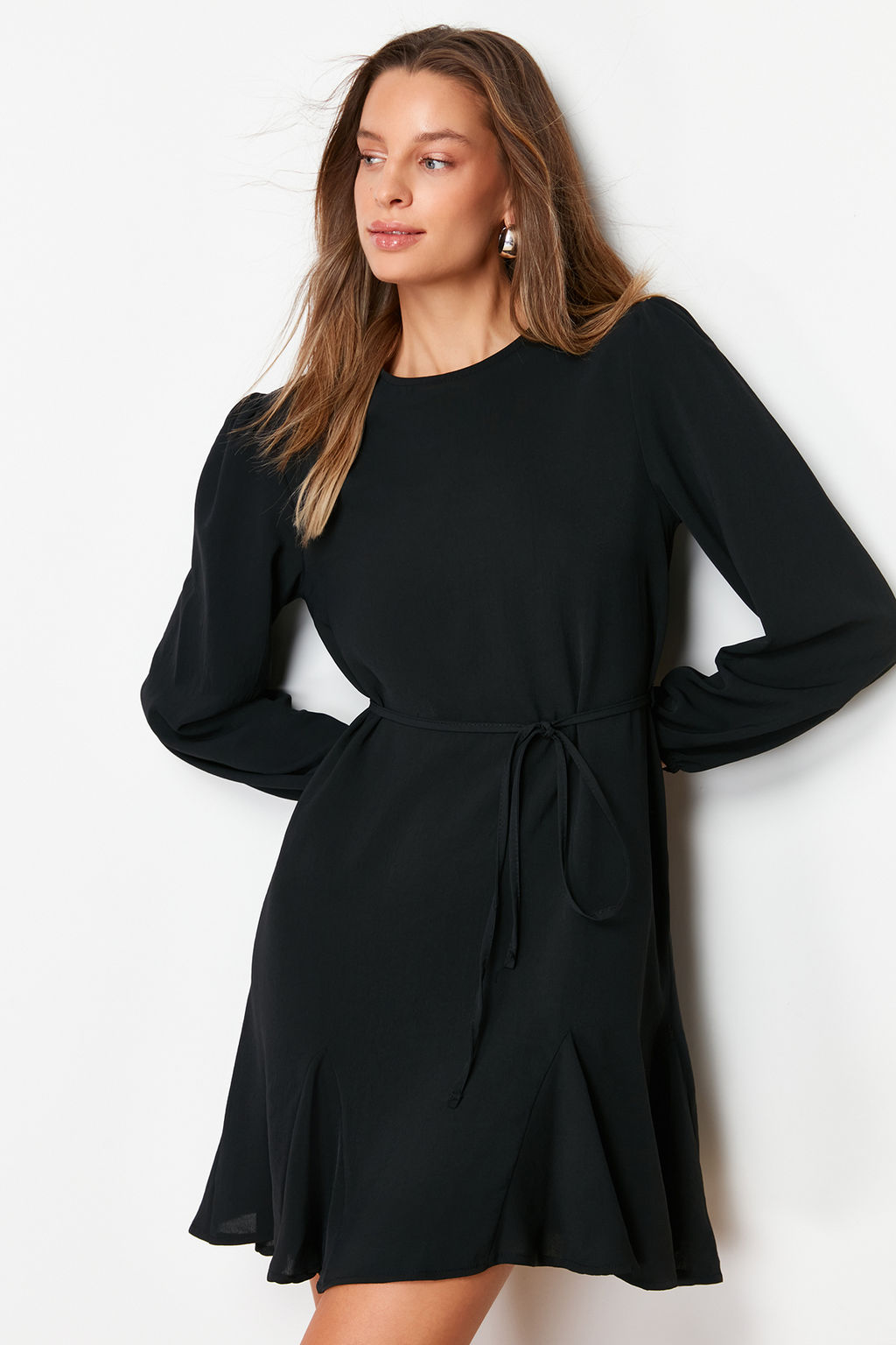 Siyah Kusakl? Duz Kesim Bisiklet Yaka Mini Dokuma Elbise TWOAW24EL00337