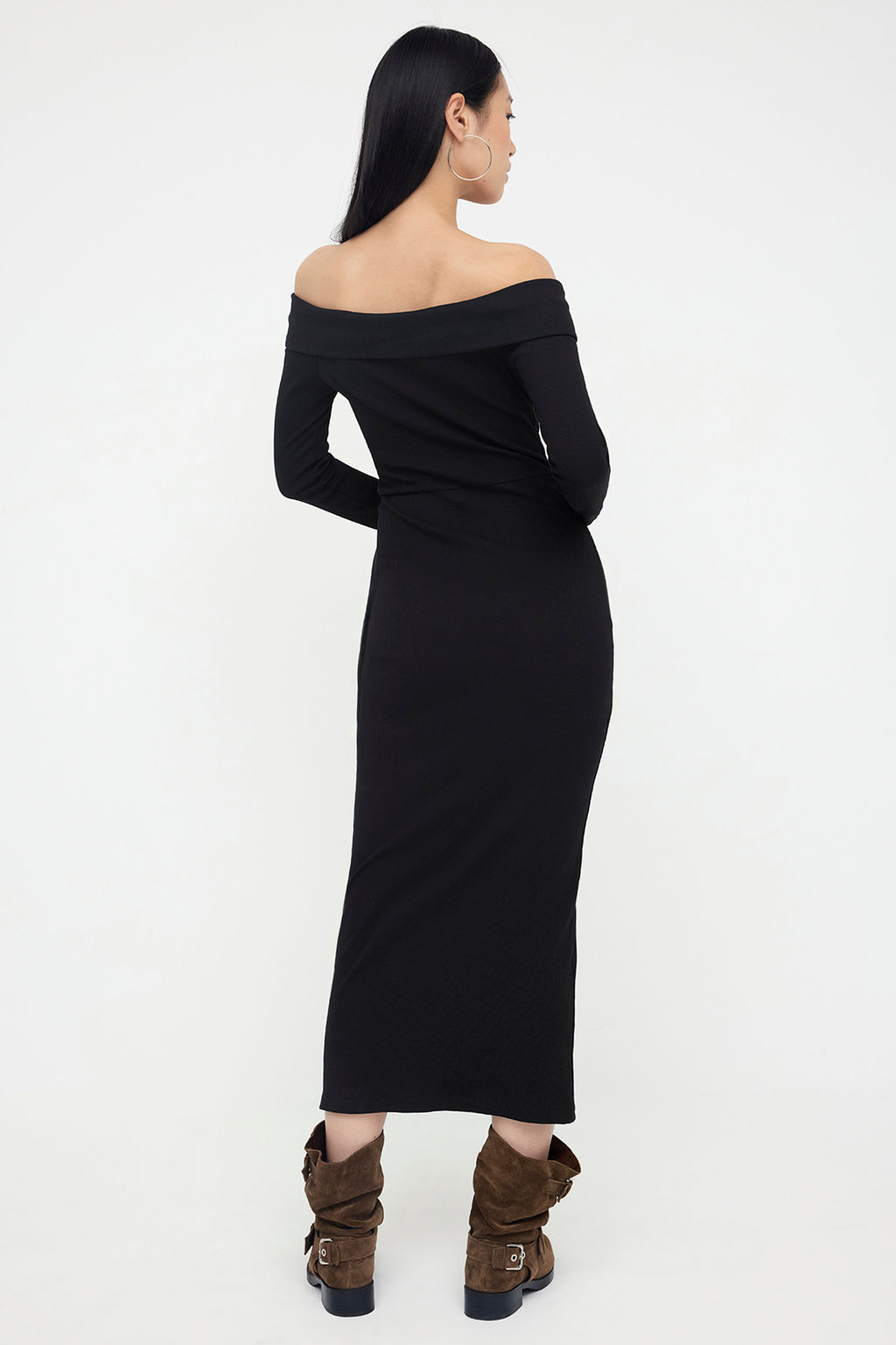Teen Siyah Carmen Yaka Bodycone/Vucuda Oturan Fitilli Esnek Duz Maxi Orme Elbise TWOAW26EL00061 - Trendyolmilla фото 4