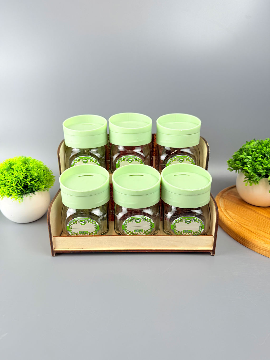 Набор банок 200мл 6шт с крышкой-дозатором поворотным НЕЖНО-МЯТНЫЙ для сып.прод. на дер.под.