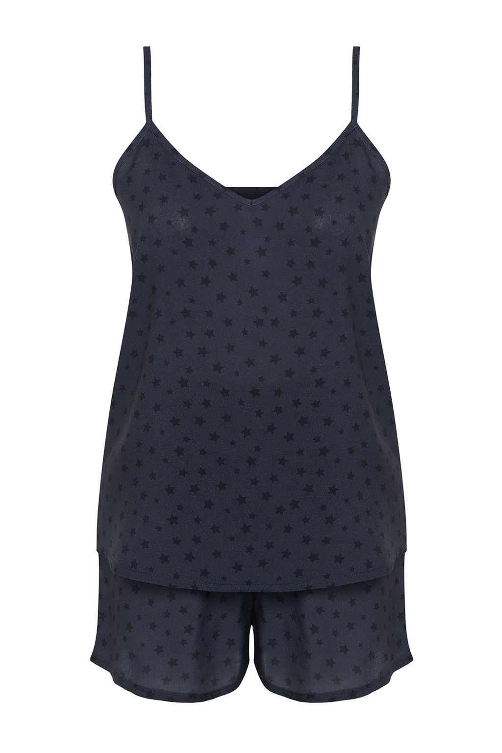 Trendyolmilla Lacivert Y?ld?z Desenli Ip Ask?l? Viskon Sortlu Dokuma Pijama Tak?m? THMSS24PT00189