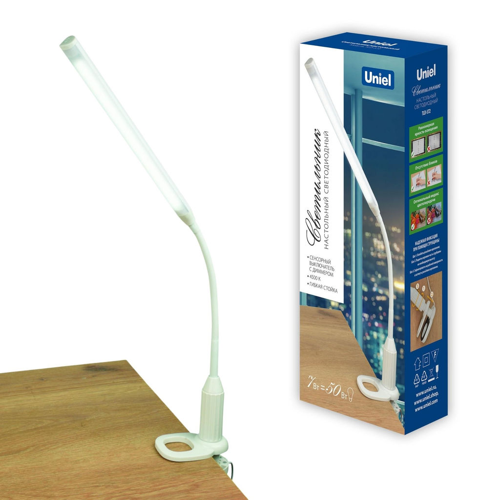 TLD-572 White/LED/500Lm/4500K/Dimmer Светильник настольный светодиодный на струбцине, 7W. Сенсорный выключатель. Диммер. Белый. ТМ Uniel