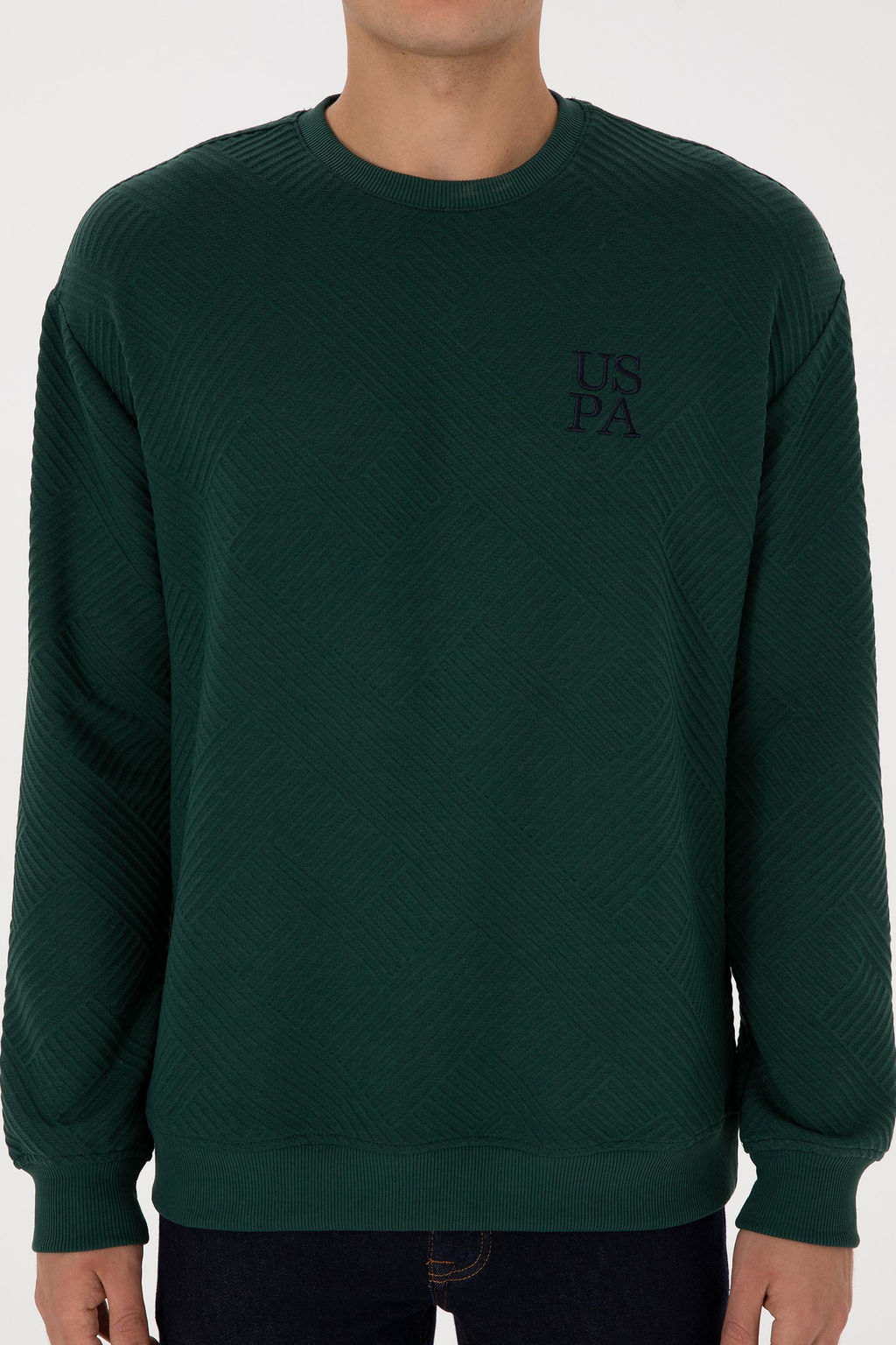 Erkek Oversize Fit Bisiklet Yaka Koyu Ye_il Sweatshirt