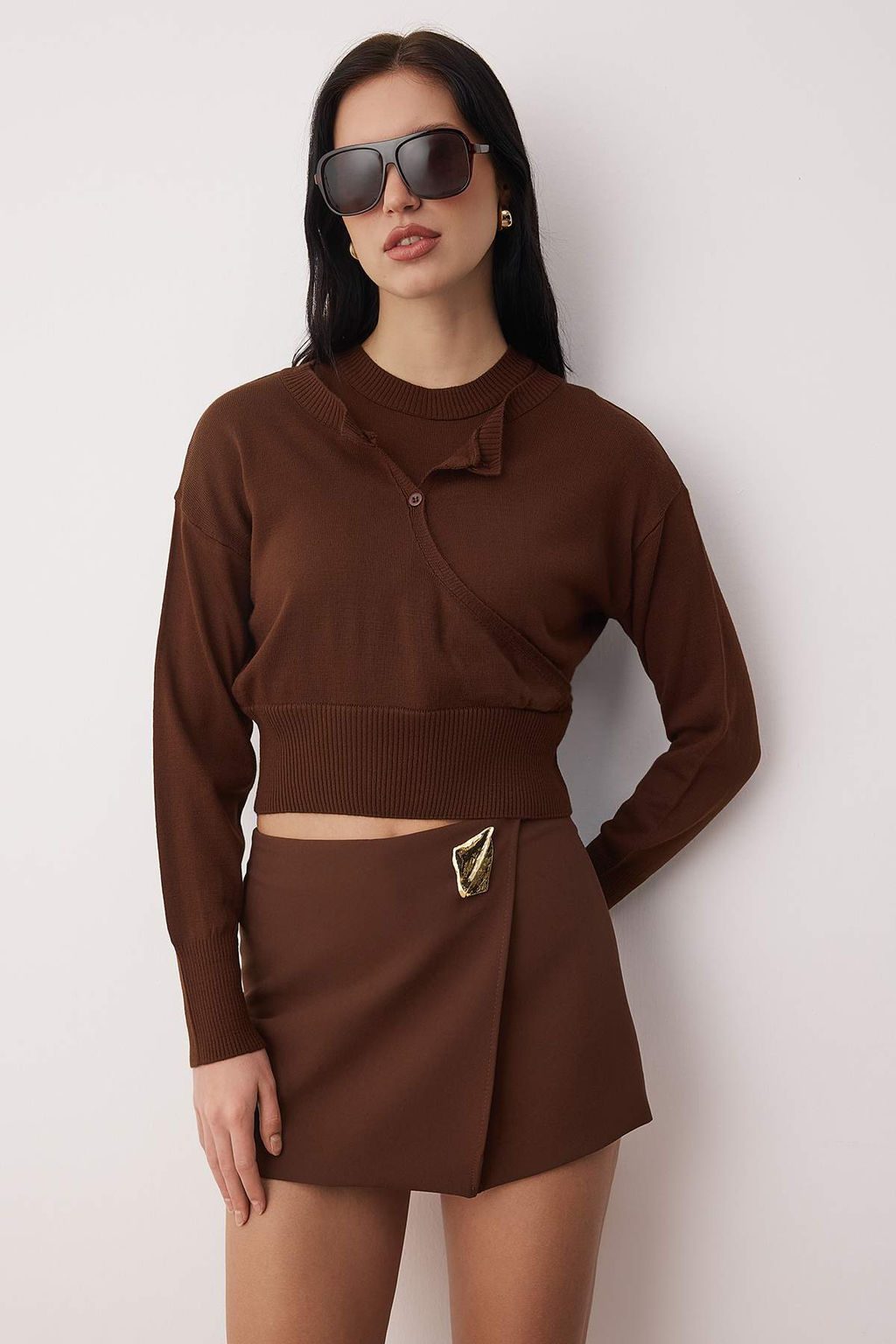 Kahverengi Bisiklet Yaka Birlesik Bluz-H?rka Triko Kazak TWOAW26KZ00280