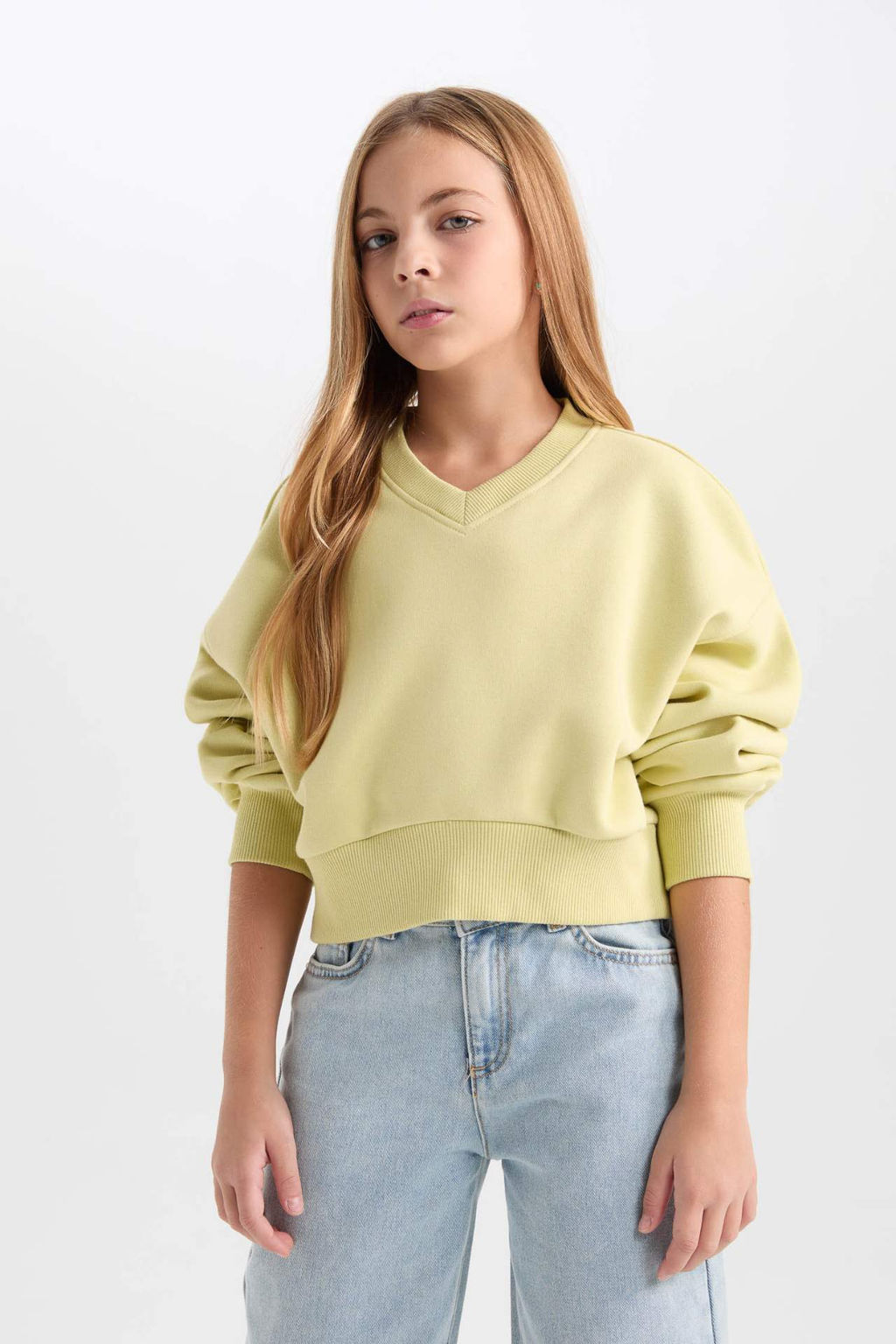 K?z Cocuk Crop V Yaka Basic Duz Sweatshirt - Defacto фото 2