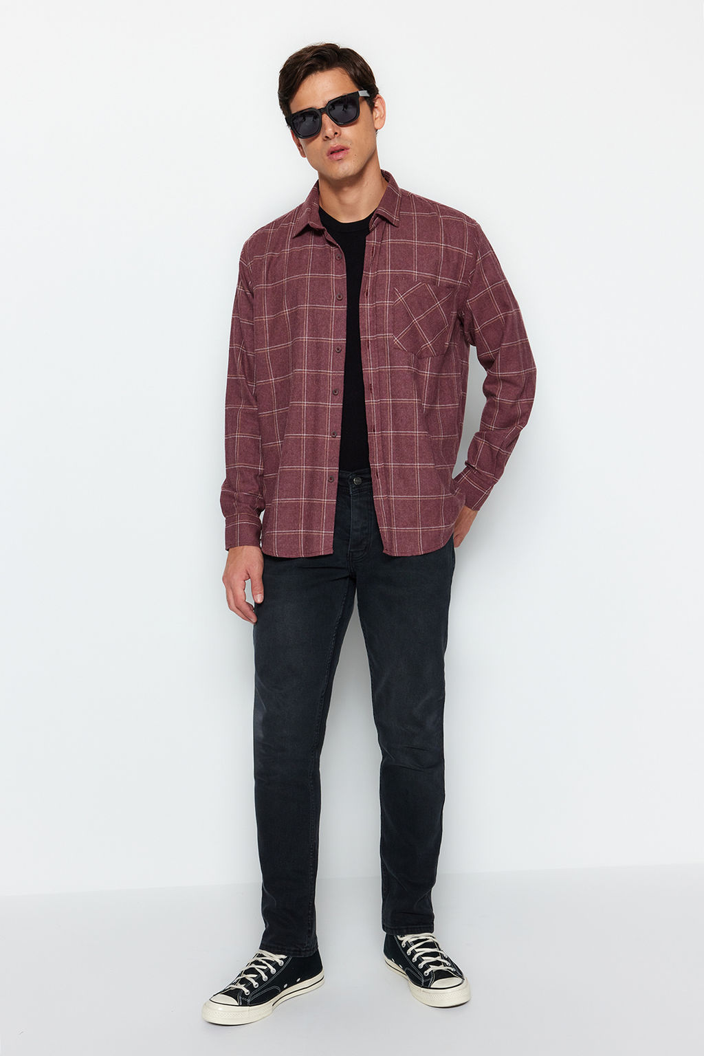 TRENDYOL MAN Bordo Regular Fit Tek Cepli K?sl?k Oduncu Kareli Gomlek TMNAW21GO0422