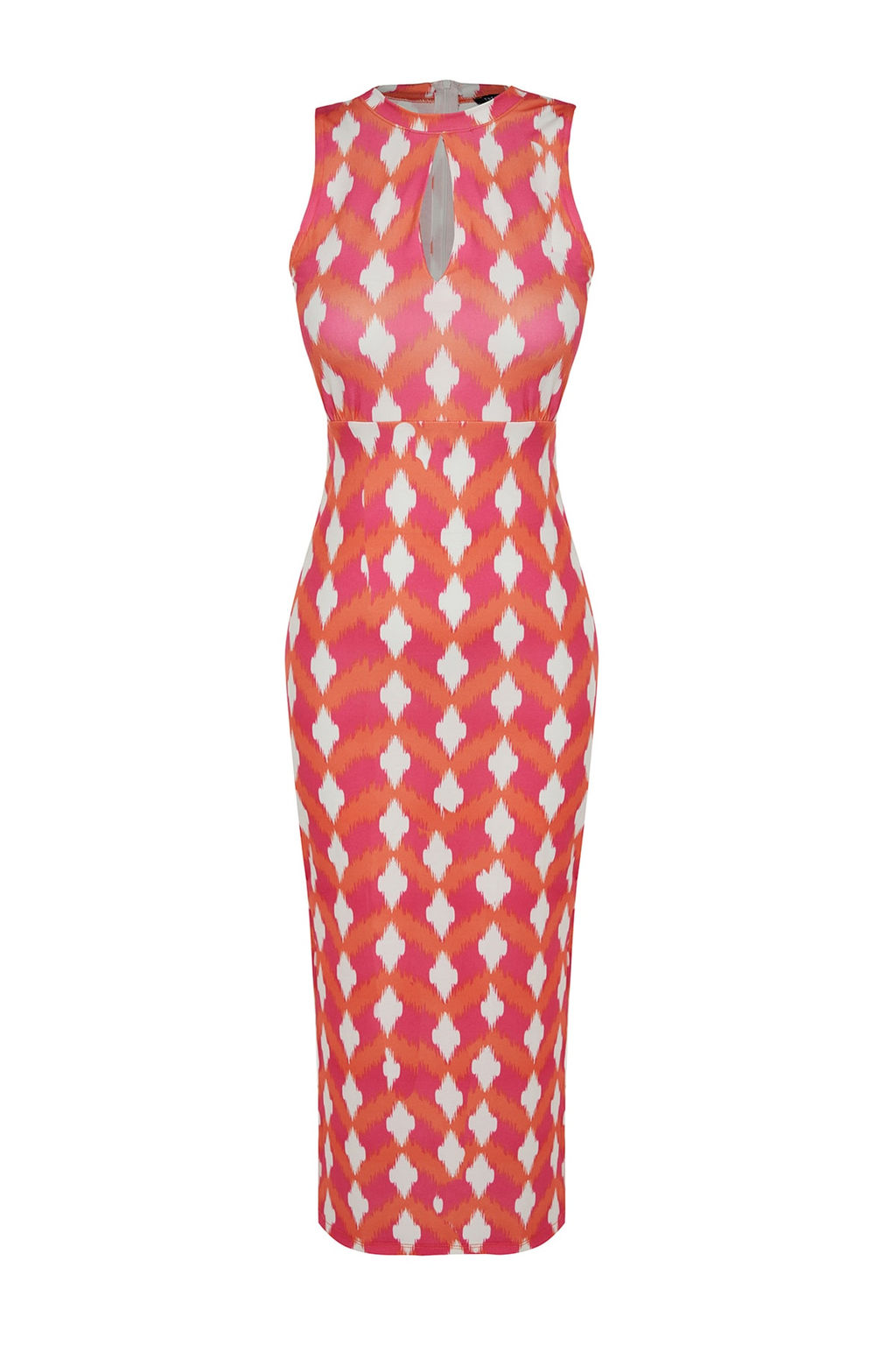 K?rm?z? Retro Desenli Cut Out Detayl? Vucuda Oturan Dik Yaka Orme Kalem Elbise TWOSS23EL02166