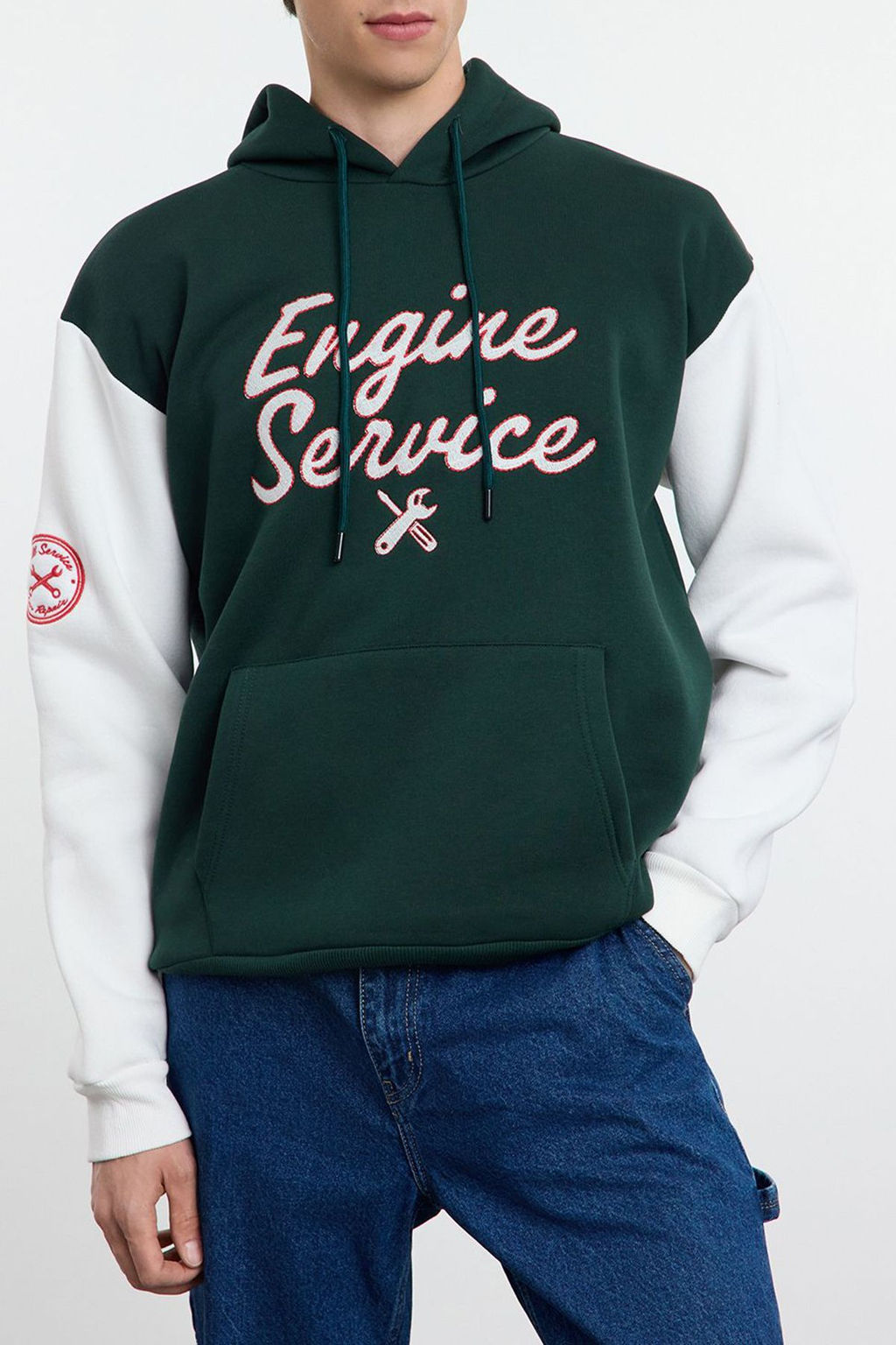 Zumrut Yesili Oversize/Genis Kesim Nak?sl? Renk Bloklu Kapusonlu Ici Polar Sweatshirt TMNAW25SW00044