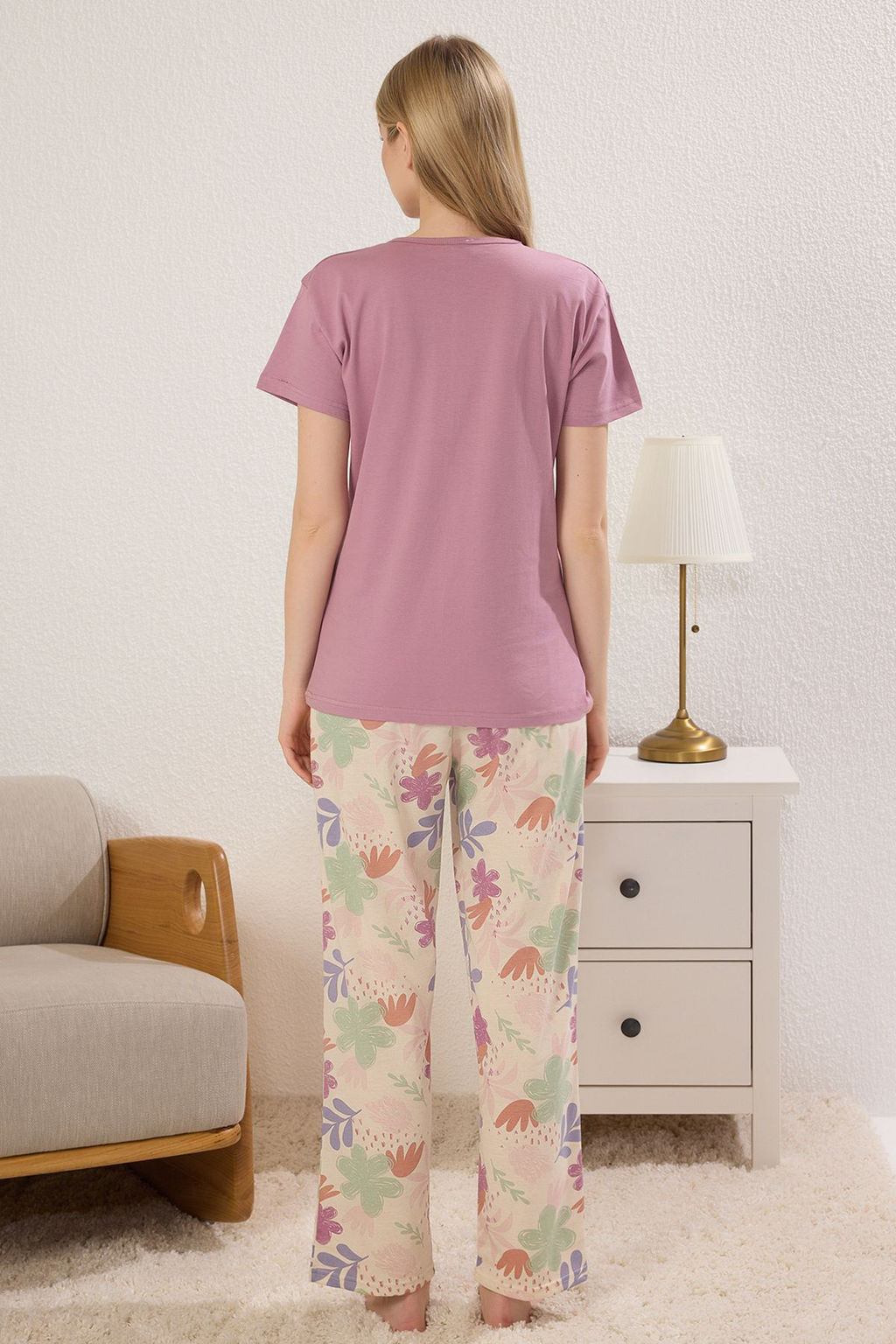 Trendyolmilla Pembe %100 Pamuklu Cicekli Sloganl? Orme Pijama Tak?m? THMSS25PT00378  фото 8