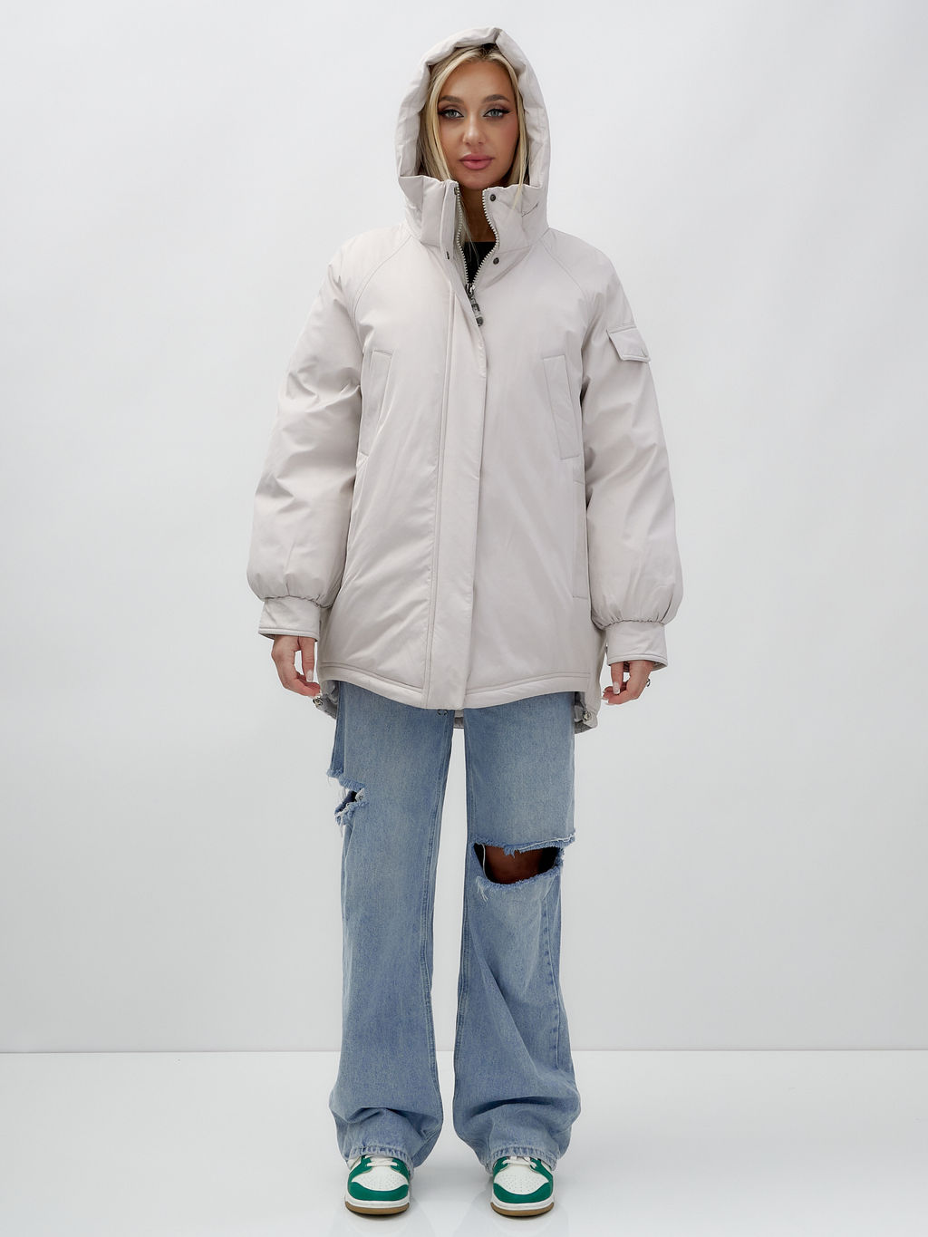 Куртка летучая мышь женская с капюшоном зимняя бежевого цвета 9630B - Mtforce фото 6