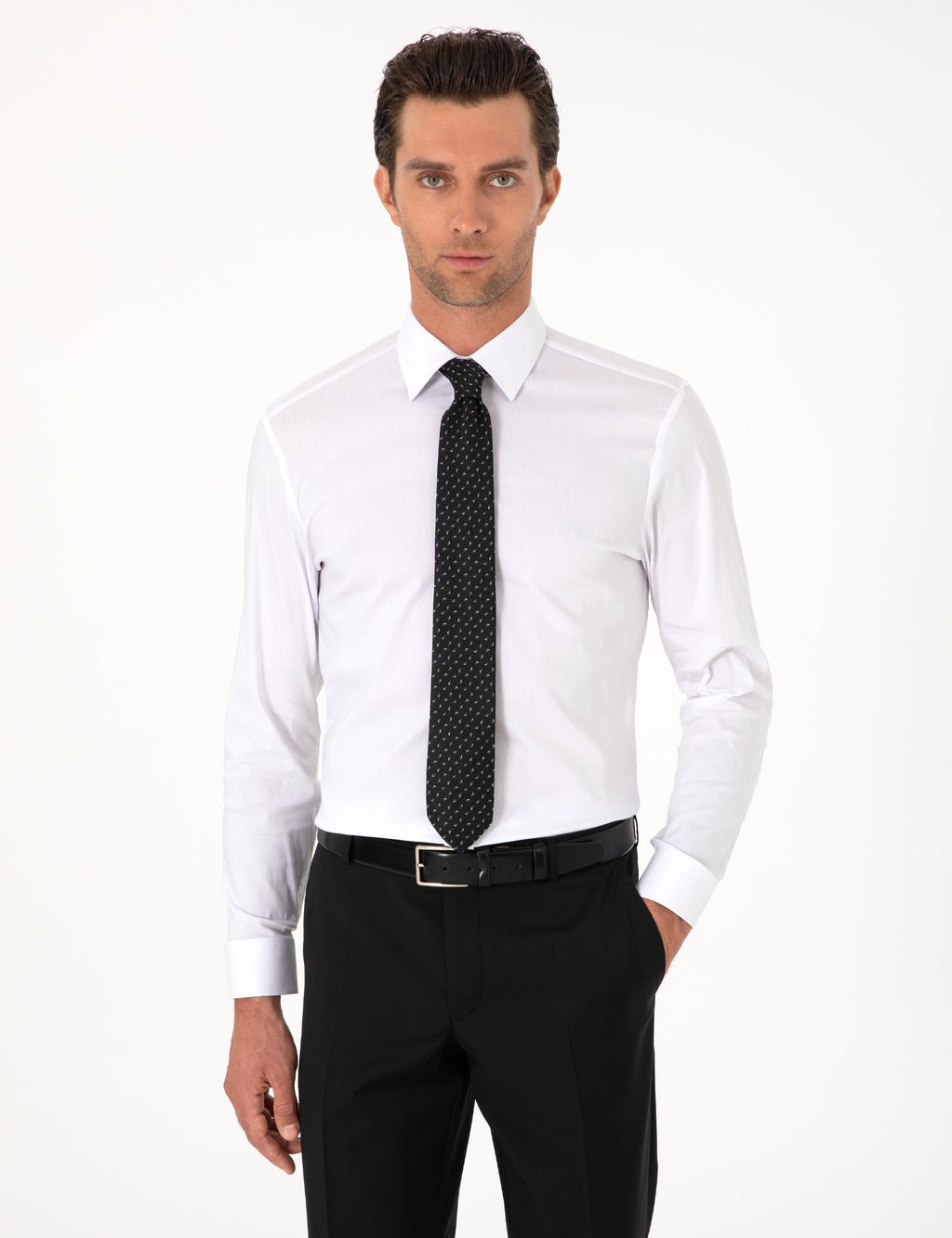 Beyaz Slim Fit Pamuk Kar___ml_ Klasik Yaka Basic G_mlek
