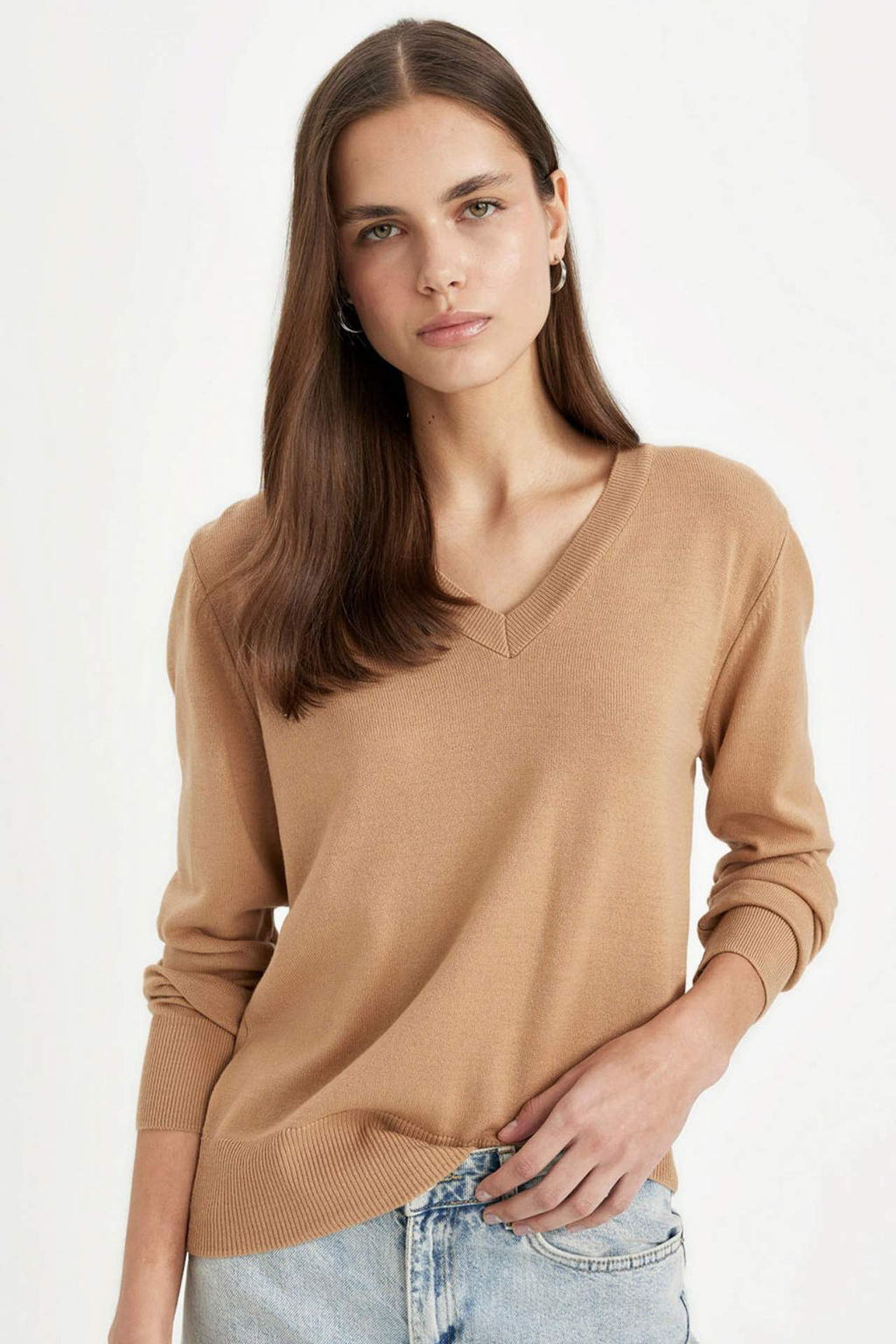 Relax Fit Yumusak Dokulu V Yaka Basic Duz K?rm?z? Triko Kazak - Defacto фото 3