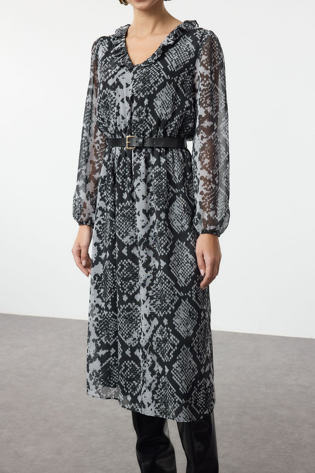 Siyah Animal Kemerli Midi Dokuma Elbise TWOAW25EL00341 - Trendyolmilla фото 4