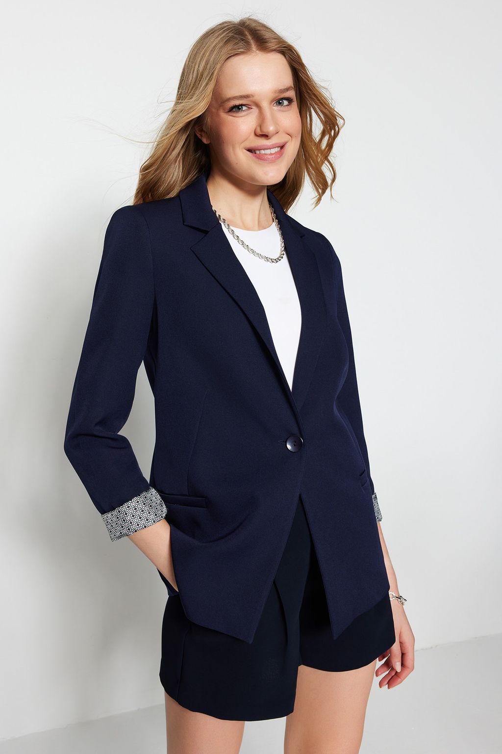 Lacivert Regular Gri Geometrik Desenli Astarl? Tek Dugmeli Cepli Dokuma Blazer Ceket TWOAW20CE0316