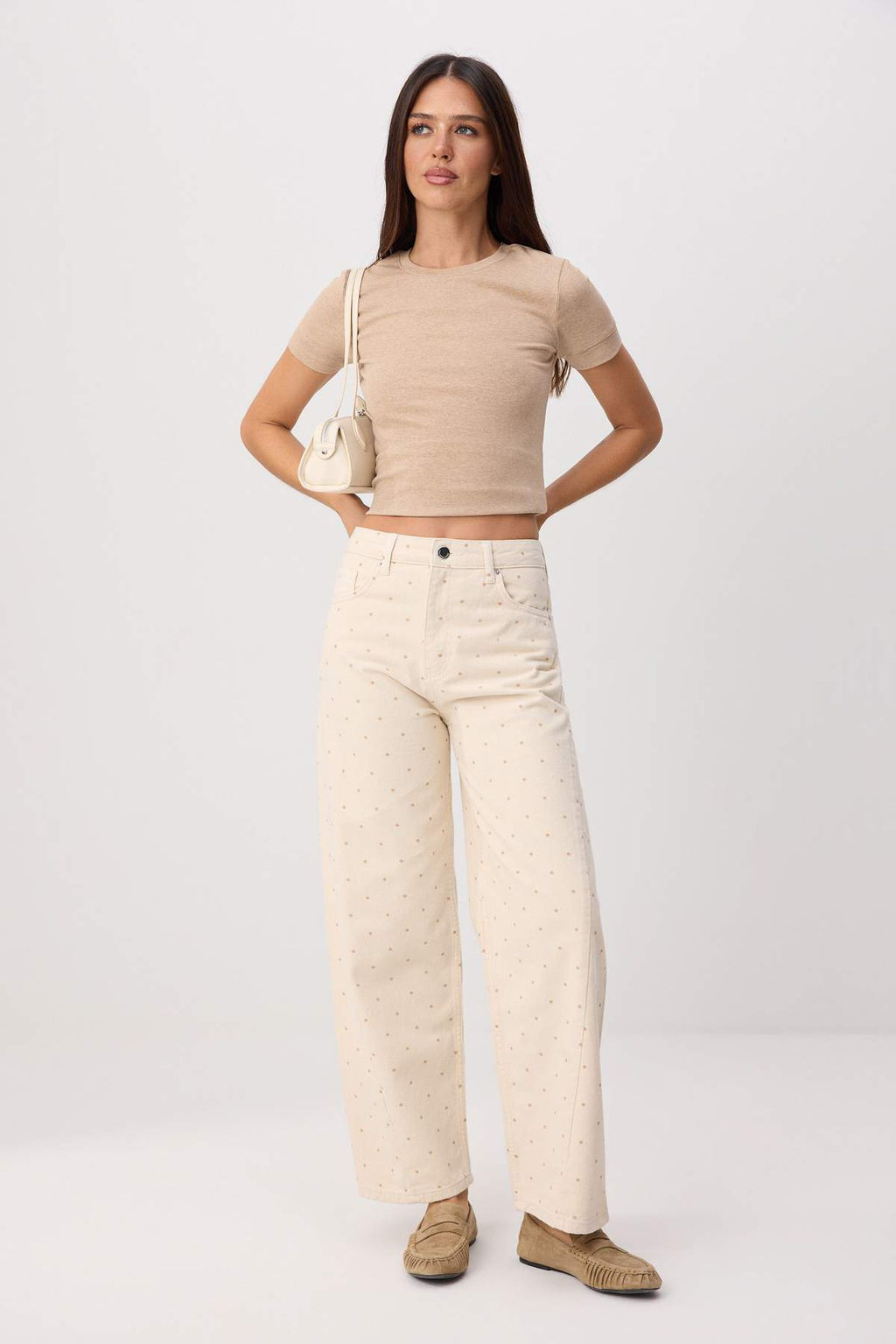 Bej Puantiye Desenli Y_ksek Bel Barrel %100 Pamuk Non-Stretch Jeans TWOSS26JE00345 - Trendyolmilla фото 2
