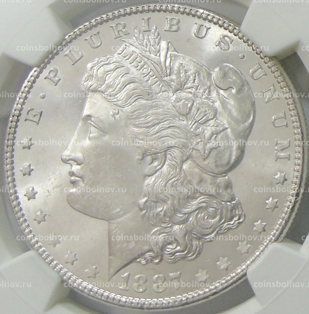 1 доллар 1887 года США Доллар Моргана (в слабе NGC MS 63)