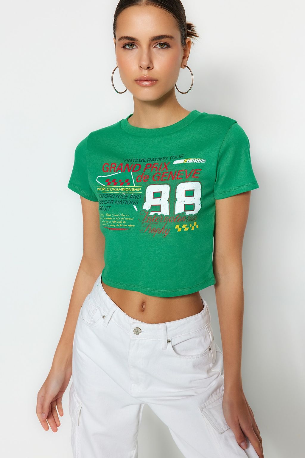 TRENDYOLMILLA Antrasit %100 Pamuk Slogan Bask?l? Fitted/Vucuda Oturan Crop Orme T-Shirt TWOSS23TS00319  фото 10