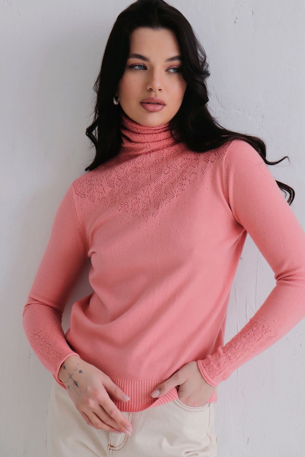 12199 Свитер с ажурной кокеткой розовый - Martichelli фото 2