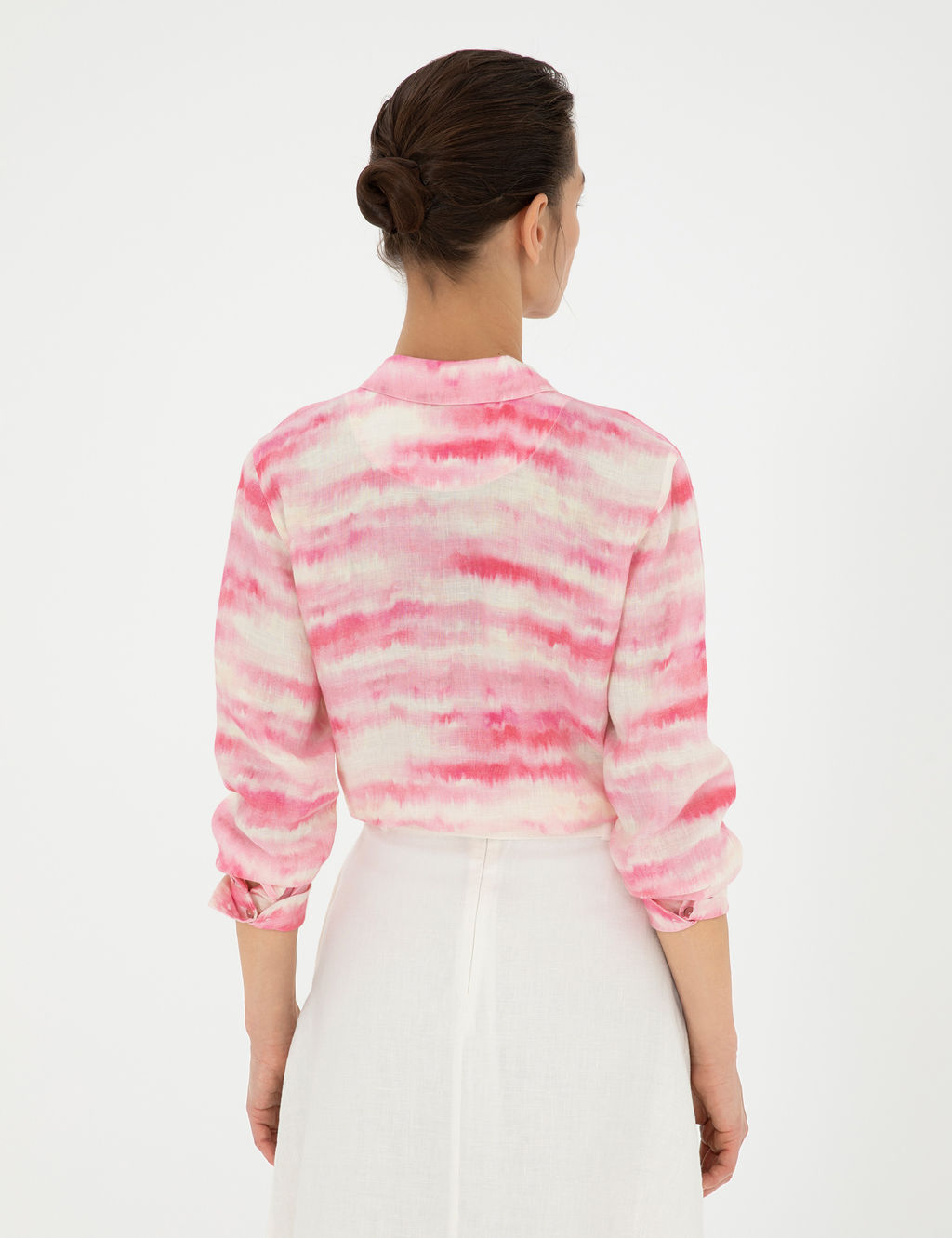 Pembe Crop Top Uzun Kollu Keten G_mlek