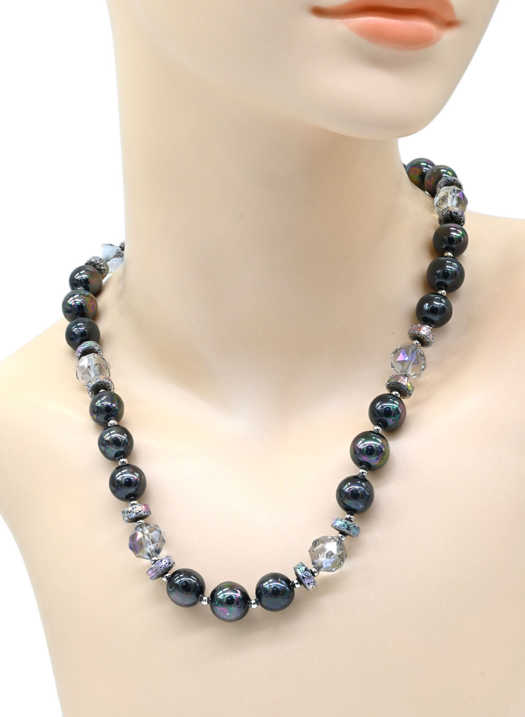 Бусы с хрусталем с титановым напылением и майоркой шарик 12мм цв.графит, 50см