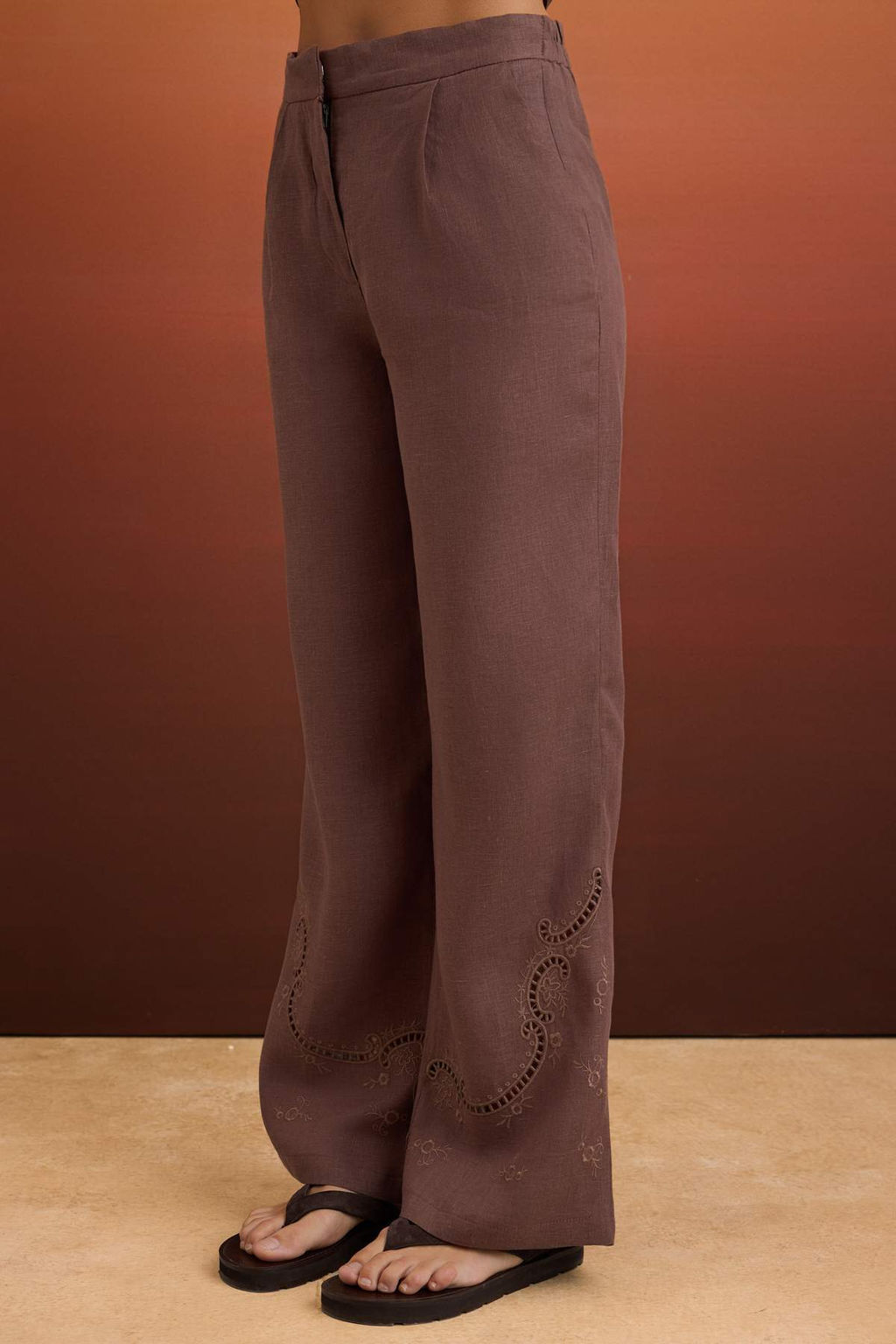 Kahverengi Nak__ Detayl_ %100 Keten Pantolon TWOSS26PL00141 - Trendyolmilla фото 4