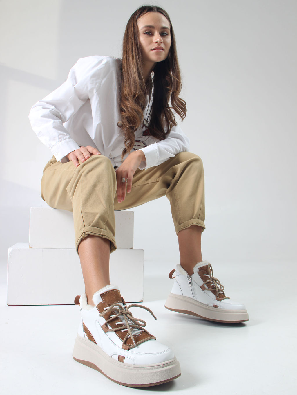 Ботинки 229.windybe. белый коричневый/Шерсть