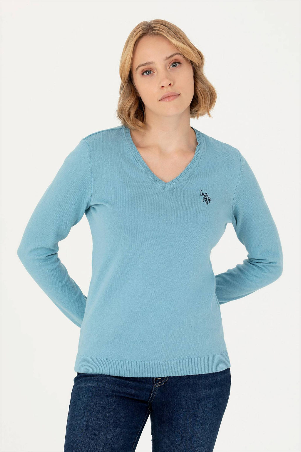 U. S. Polo Assn Женский синий базовый свитер с v-образным вырезом - U.s. polo assn фото 3