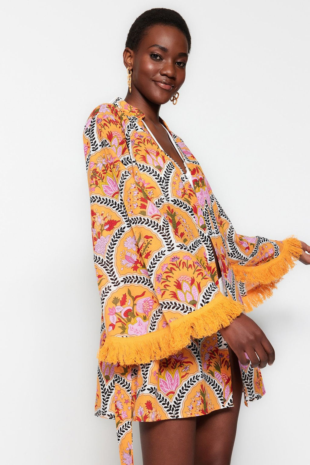 Cicek Desenli Mini Dokuma %100 Pamuklu Plaj Kimono&Kaftan TBESS23KM00004 - Trendyolmilla фото 4