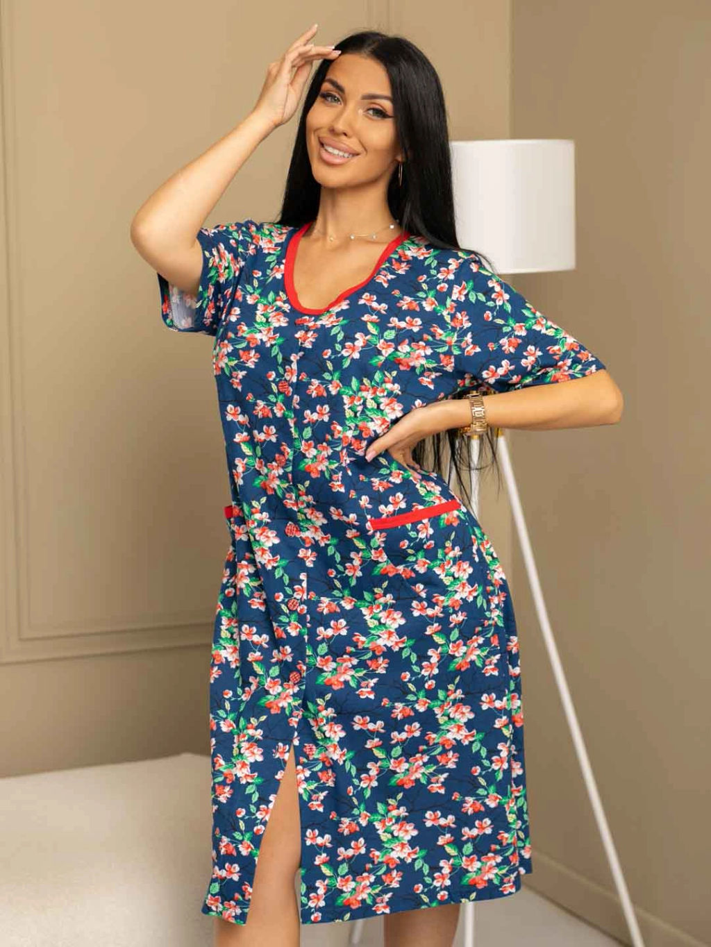 Халат женский, цвет темно-синий розовый