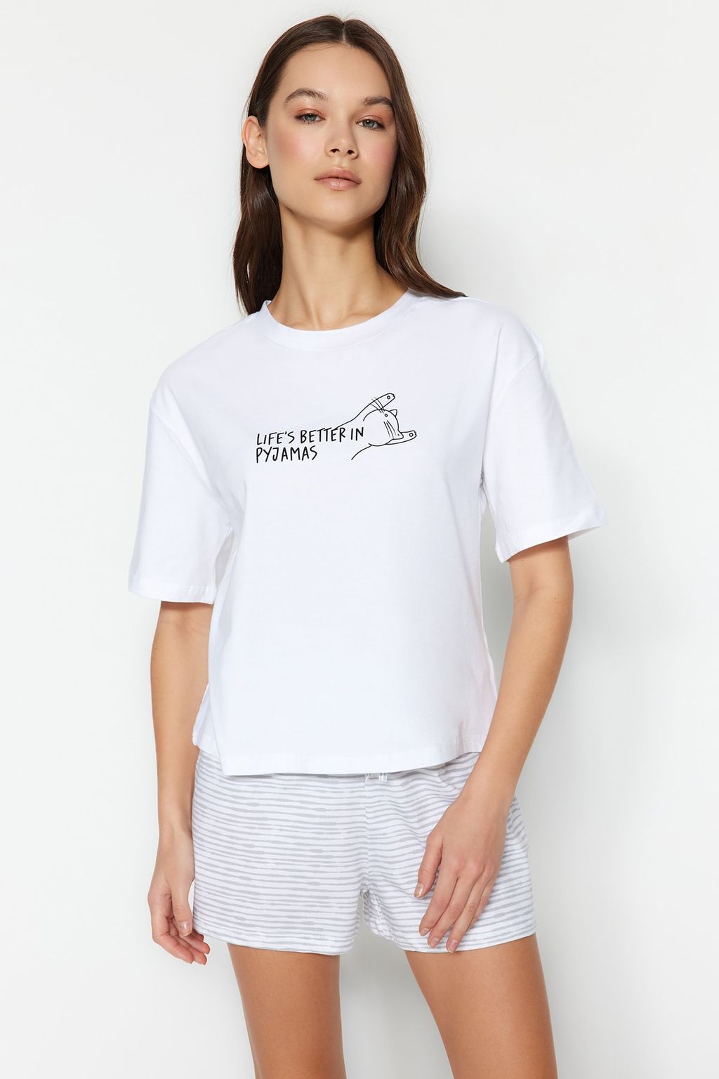 Trendyolmilla Ac?k Mavi Pamuklu Cizgili Slogan Bask?l? Sortlu Orme Pijama Tak?m? THMSS23PT00228  фото 7