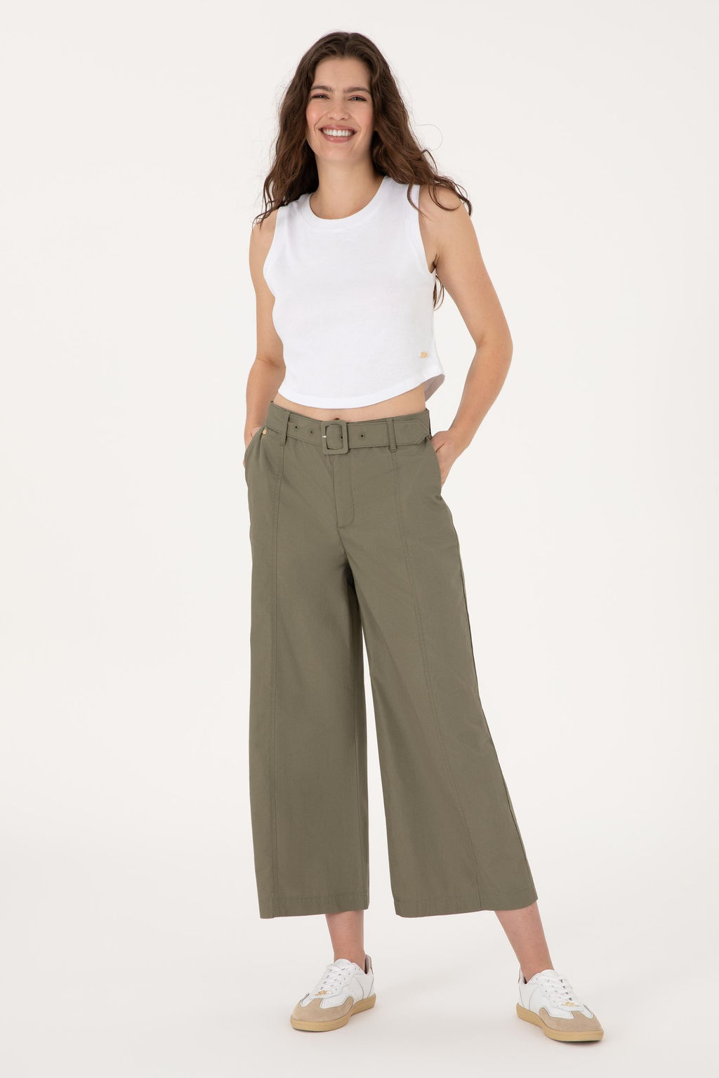 Kad_n Koyu Haki Flare Cropped Fit Kanvas Pantolon