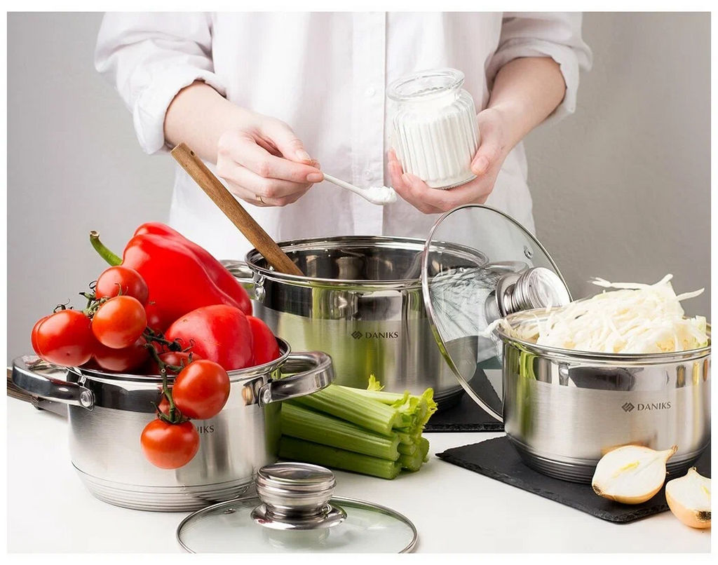 Набор пос нерж 6пр СТАНДАРТ (2л, 2,9л, 4л) стекл крышки мет/руч Daniks SD-6-2 (294423)  фото 7