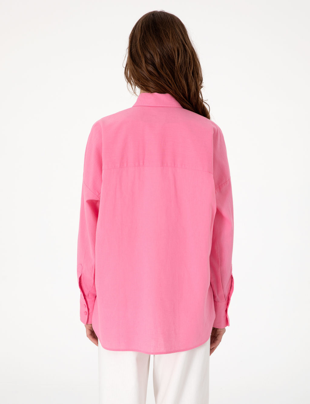 A__k Pembe Oversize Keten Kar___ml_ Uzun Kollu G_mlek