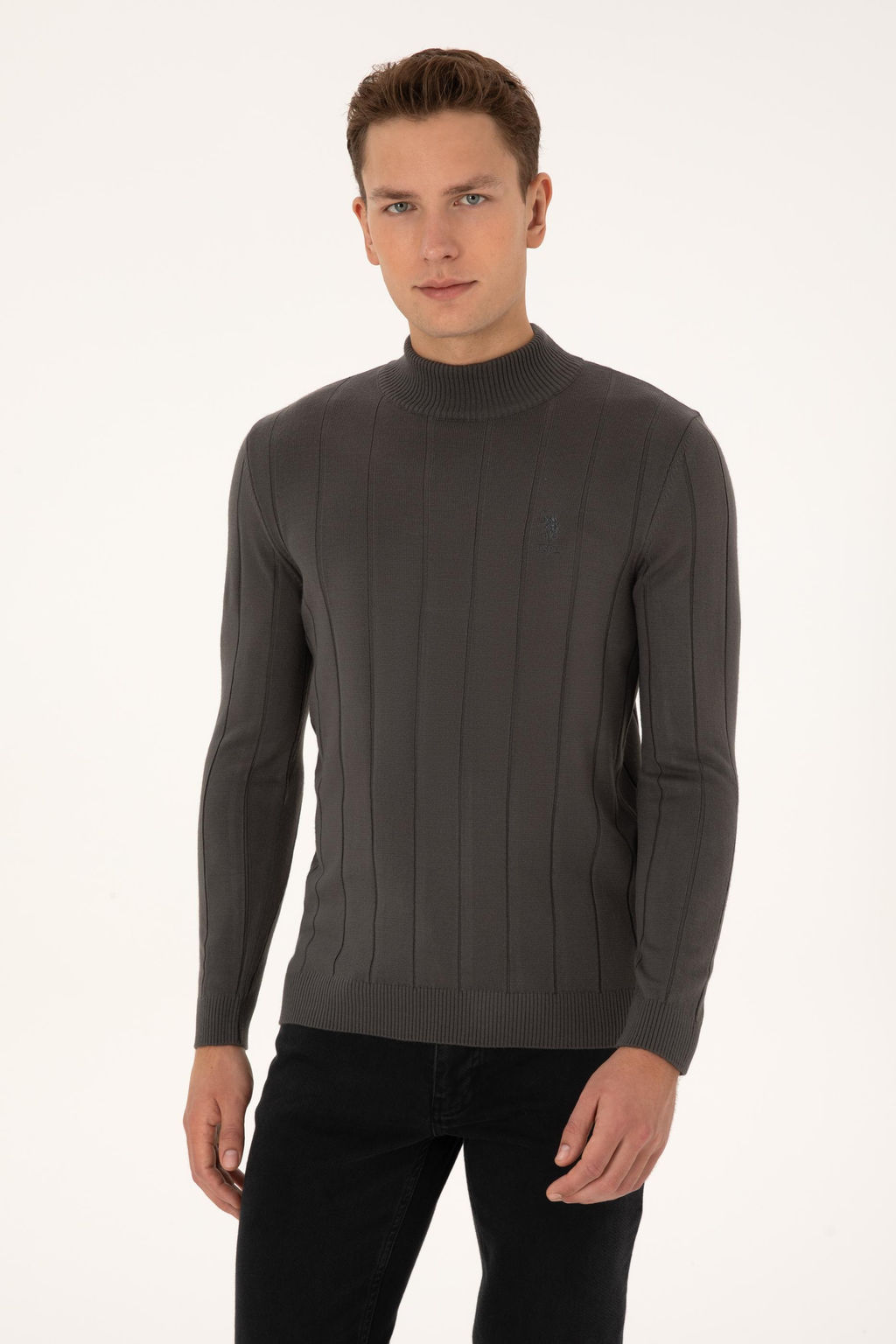 Erkek Slim Fit Yar_m Bal_k__ Yaka Gri Kazak - U.s. polo assn фото 3