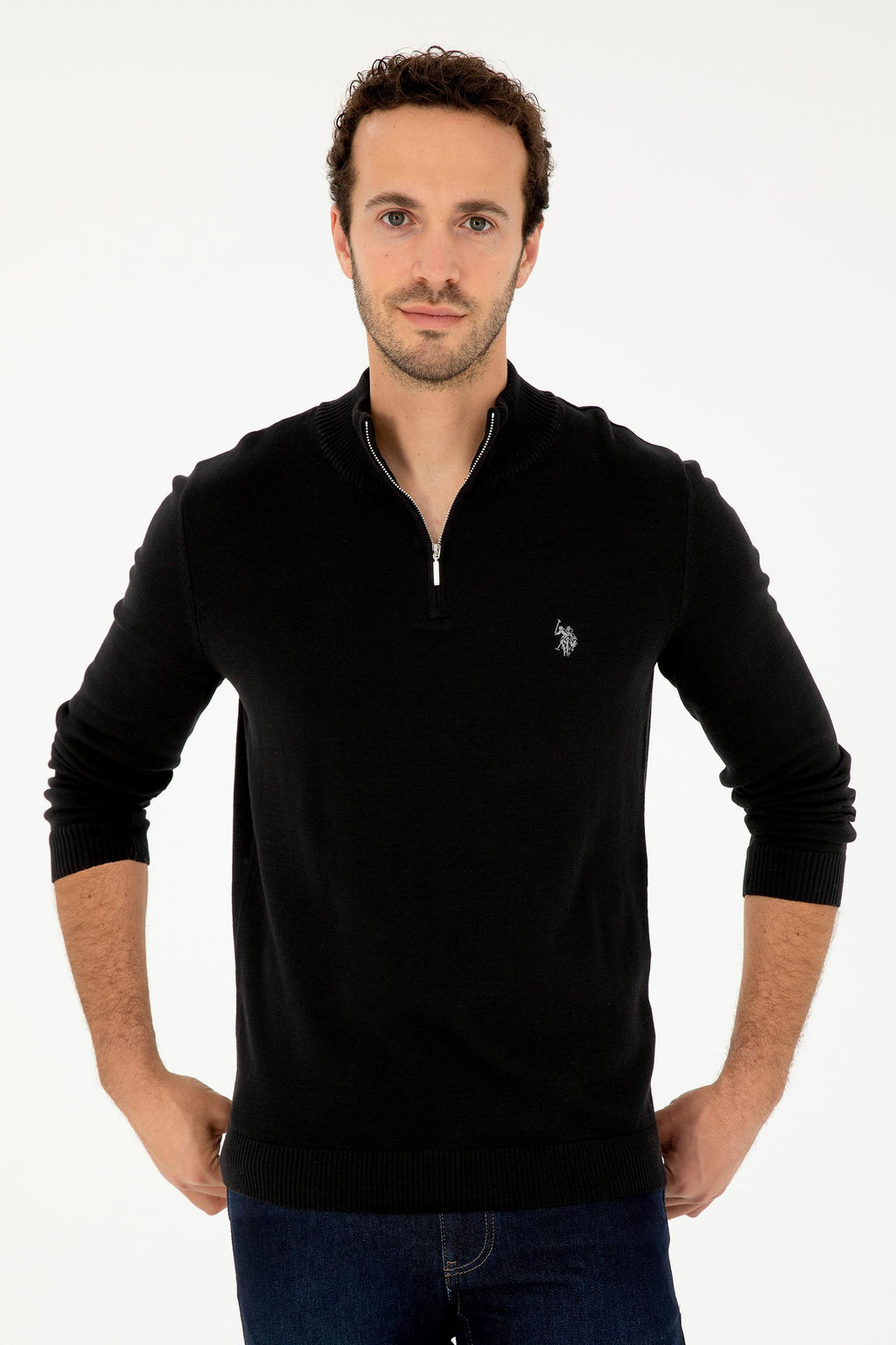 Erkek Slim Fit Yar_m Fermuarl_ Siyah Basic Kazak