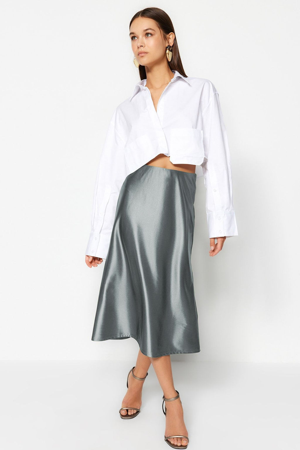 TRENDYOLMILLA Indigo Saten A Kesim/Can Form Midi Orme Etek TWOAW24ET00088