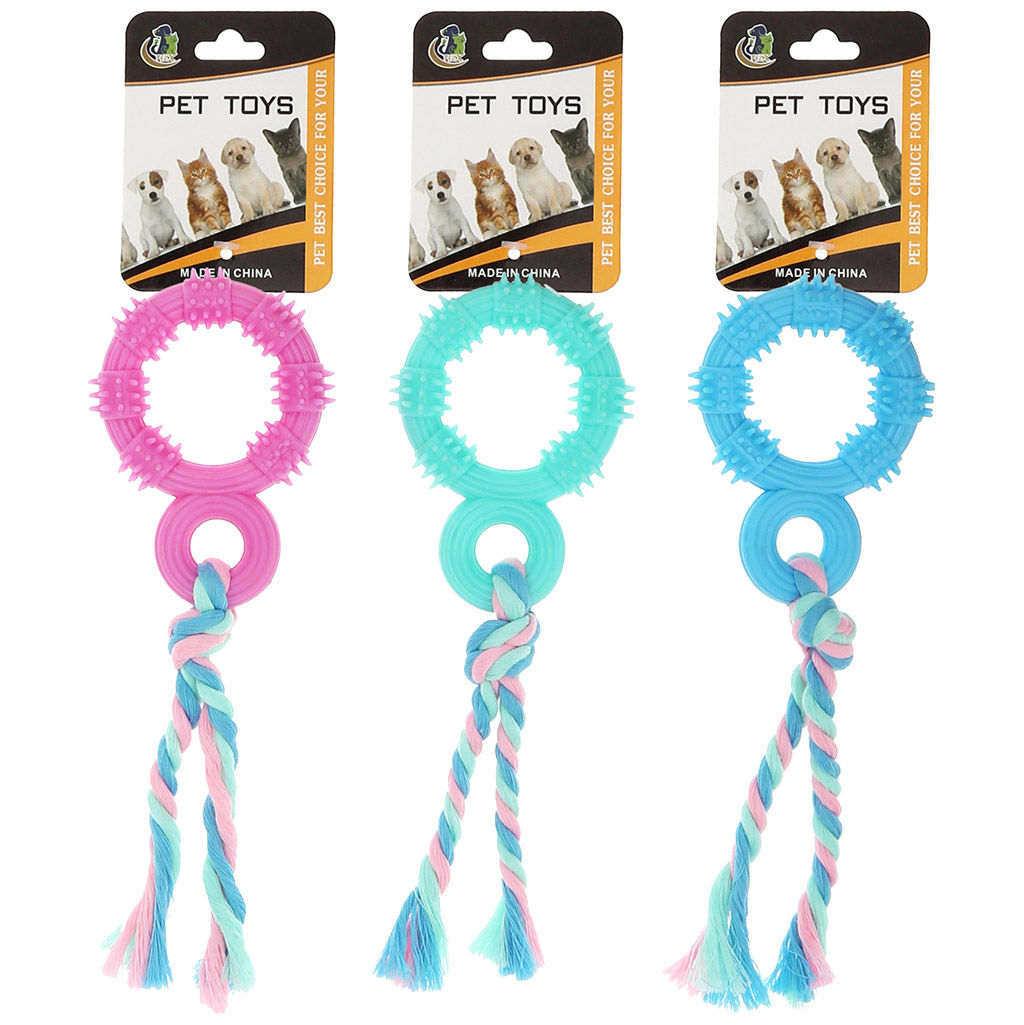 Пэт тойс (Pet toys) Игрушка для собаки Кольцо с шипами 10х7см h2см, общий размер 22х7х2см, резиновая, с веревкой, на картоне, цвета в ассортименте: голубой, розовый, бирюзовый (Китай)  фото 4
