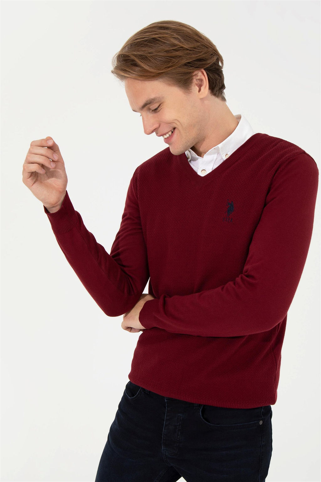 U. S. Polo Assn Мужской бордовый красный базовый трикотажный свитер с v-образным вырезом Неожиданная скидка в корзине - U.s. polo assn фото 4