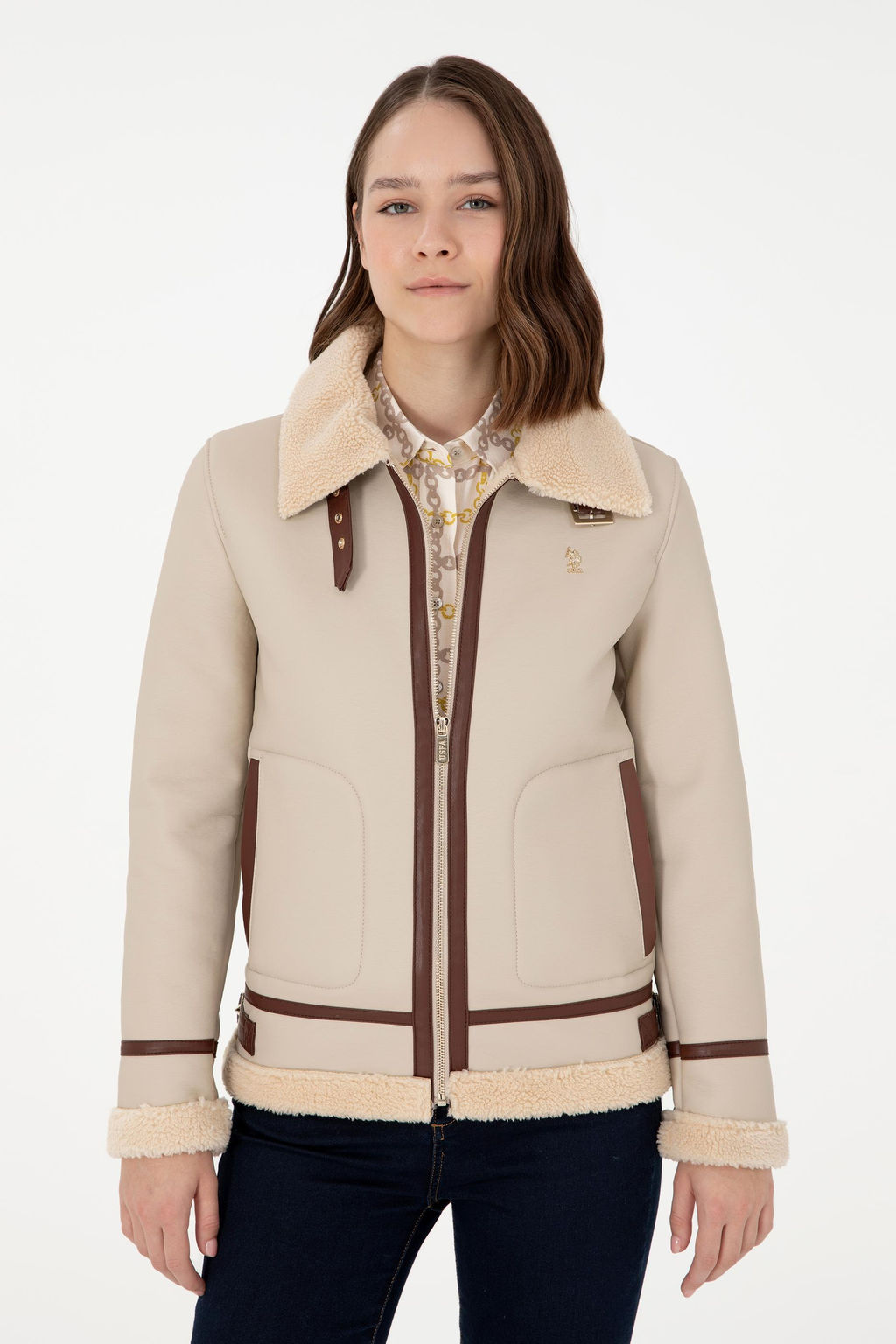 Женская кожаная куртка цвета экрю - U.s. polo assn фото 3