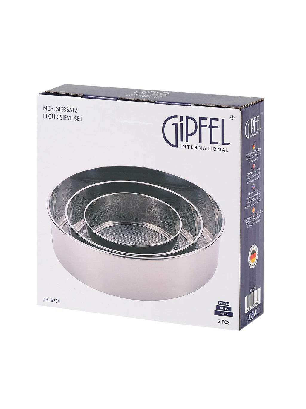 5734 GIPFEL Набор сит для просеивания муки 3шт. (15,5см/22см/28см). Материал: нерж.сталь
