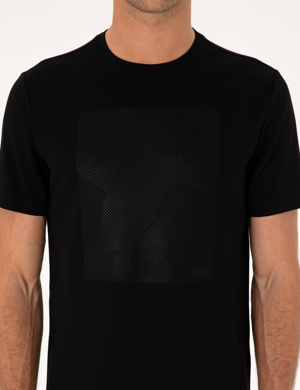 Siyah Regular Fit Bask_l_ Bisiklet Yaka T-shirt