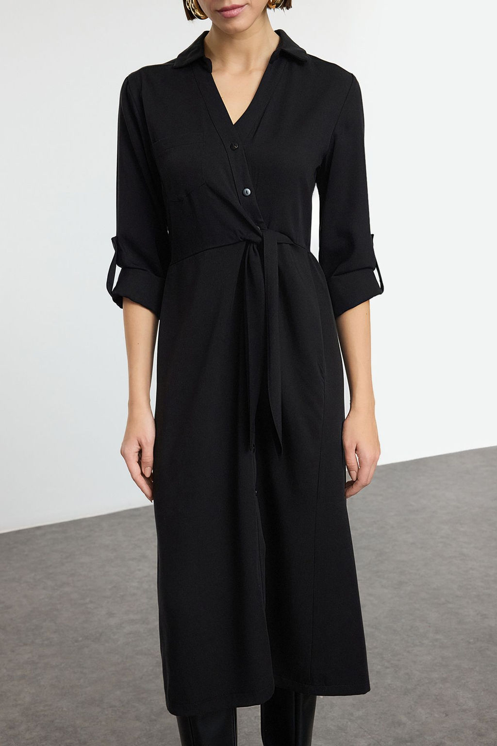 Siyah More Sustainable Midi Dokuma Gomlek Elbise TWOAW25EL00576