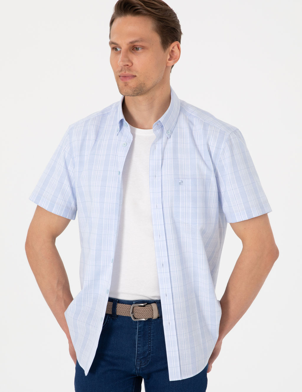 A__k Mavi Regular Fit Kareli K_sa Kollu G_mlek