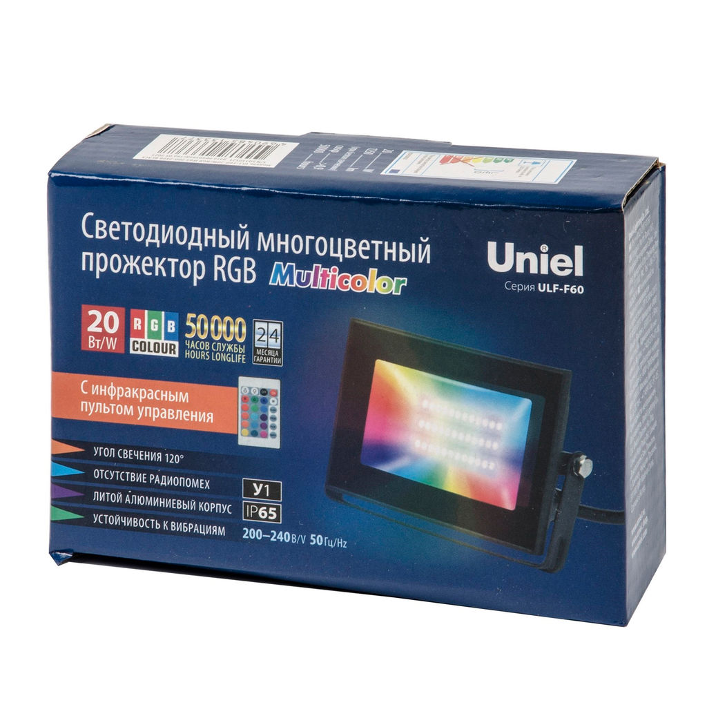 ULF-F60-20W/RGB IP65 200-240В BLACK Прожектор светодиодный. Мультиколор. Пульт ДУ (в/к). Корпус черный. TM Uniel
