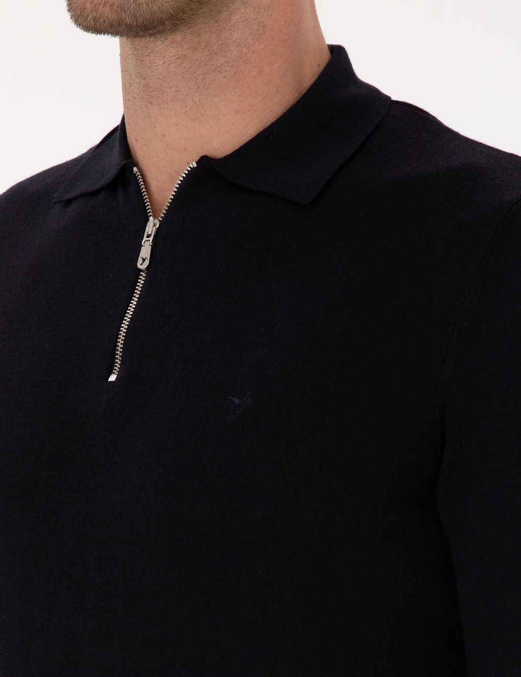Lacivert Regular Fit Pamuk Kar___ml_ Fermuarl_ Polo Yaka Basic Triko Kazak