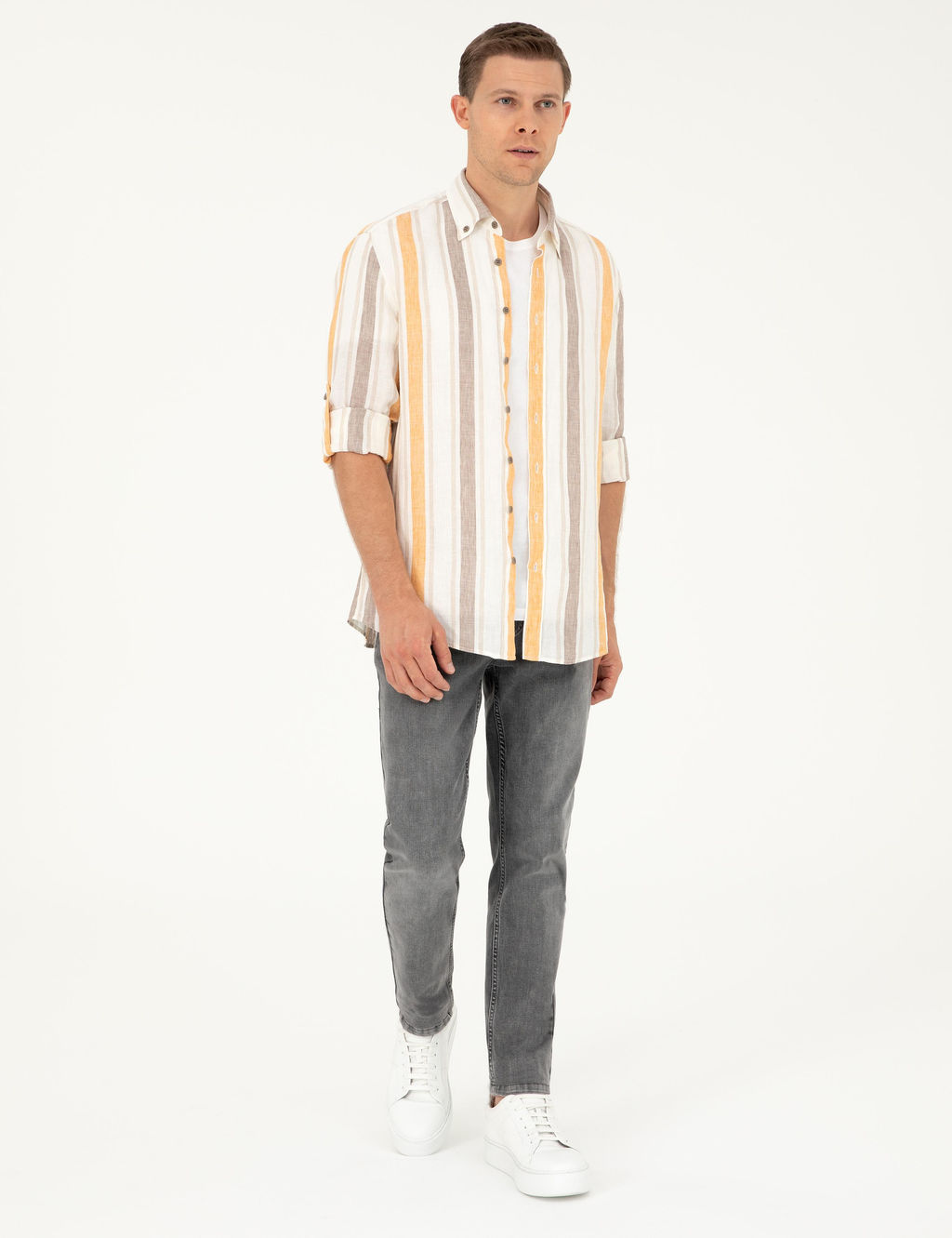 Turuncu Slim Fit %100 Keten G_mlek