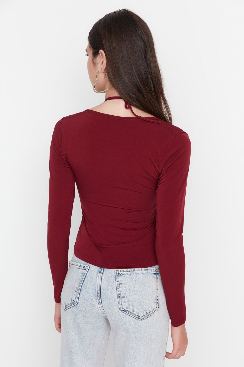 Bordo Fitted/Vucuda Oturan Boyundan Baglamal? Esnek Orme Bluz TWOAW23BZ00093