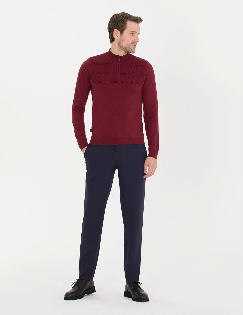 Bordo Slim Fit Yar_m Bal_k__ Yaka Triko Kazak